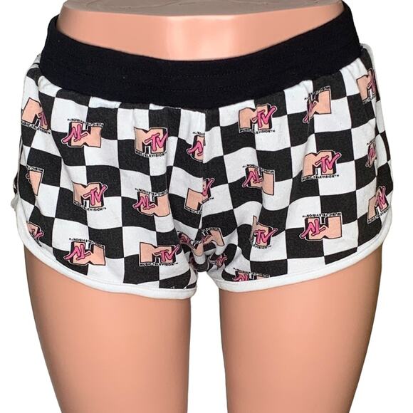 M TV Graphic Plaid Logo Shorts Size L Black and White - Picture 2 of 7
